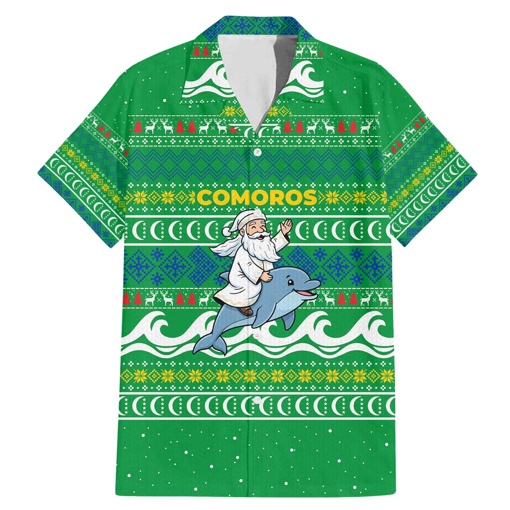 Comoros Christmas Family Matching Mermaid Dress and Hawaiian Shirt with Santa Riding Dolphin Ocean Waves Crescent Moon and Tribal Pattern - Wonder Print Shop