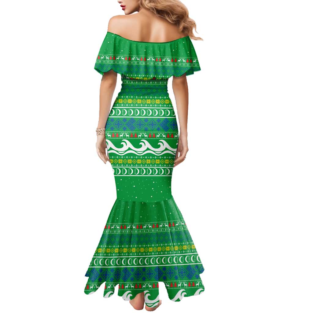 Comoros Christmas Family Matching Mermaid Dress and Hawaiian Shirt with Santa Riding Dolphin Ocean Waves Crescent Moon and Tribal Pattern - Wonder Print Shop