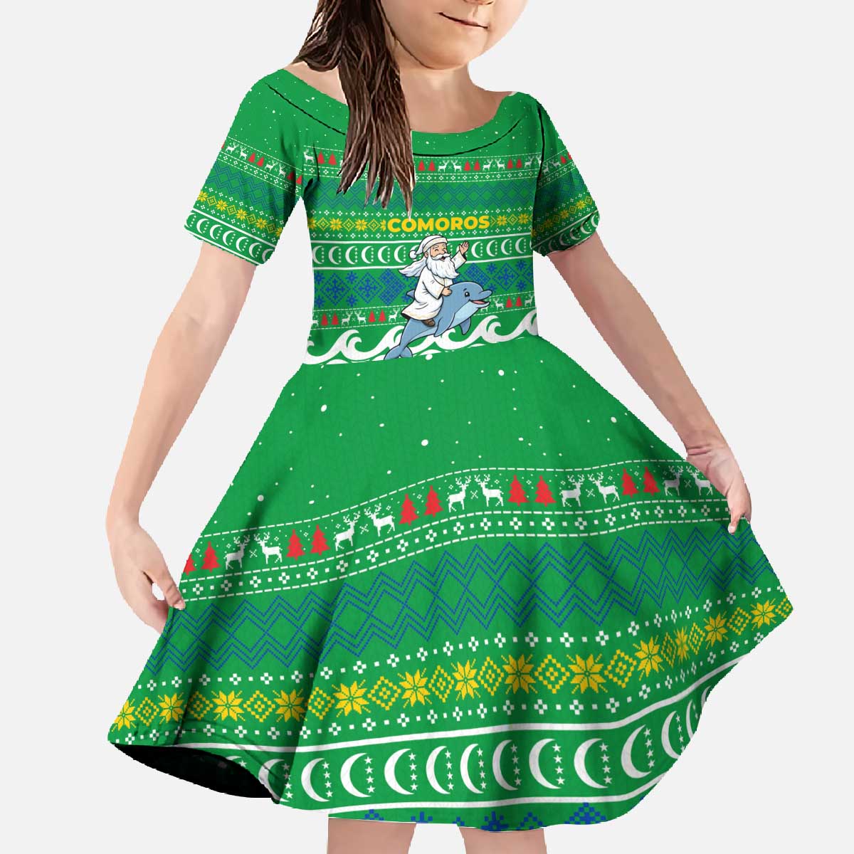 Comoros Christmas Family Matching Off The Shoulder Long Sleeve Dress and Hawaiian Shirt with Santa Riding Dolphin Ocean Waves Crescent Moon and Tribal Pattern - Wonder Print Shop
