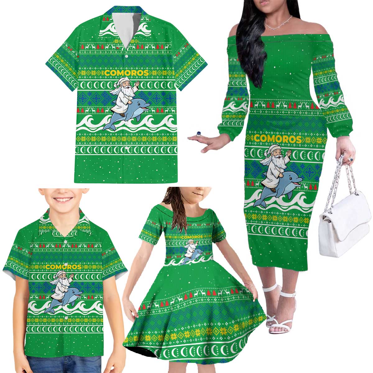 Comoros Christmas Family Matching Off The Shoulder Long Sleeve Dress and Hawaiian Shirt with Santa Riding Dolphin Ocean Waves Crescent Moon and Tribal Pattern - Wonder Print Shop
