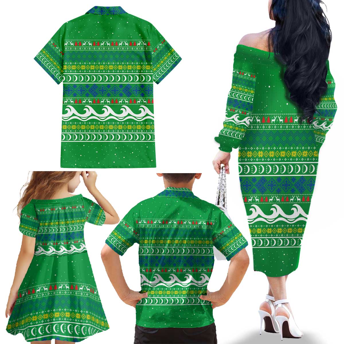 Comoros Christmas Family Matching Off The Shoulder Long Sleeve Dress and Hawaiian Shirt with Santa Riding Dolphin Ocean Waves Crescent Moon and Tribal Pattern - Wonder Print Shop