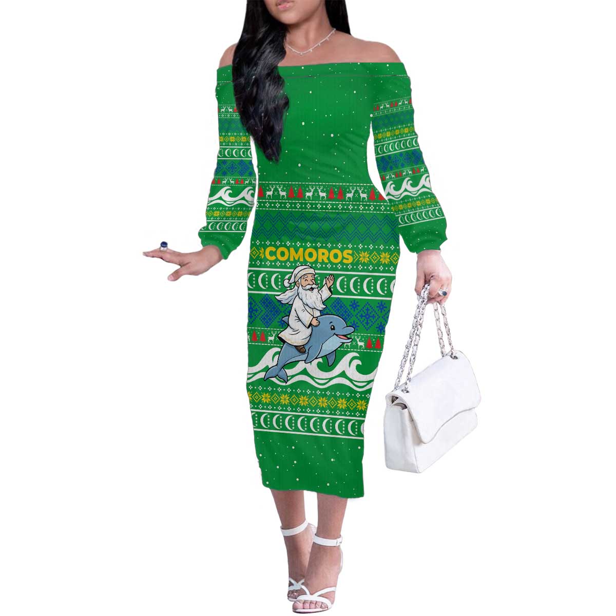 Comoros Christmas Family Matching Off The Shoulder Long Sleeve Dress and Hawaiian Shirt with Santa Riding Dolphin Ocean Waves Crescent Moon and Tribal Pattern - Wonder Print Shop