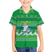 Comoros Christmas Family Matching Off The Shoulder Long Sleeve Dress and Hawaiian Shirt with Santa Riding Dolphin Ocean Waves Crescent Moon and Tribal Pattern - Wonder Print Shop
