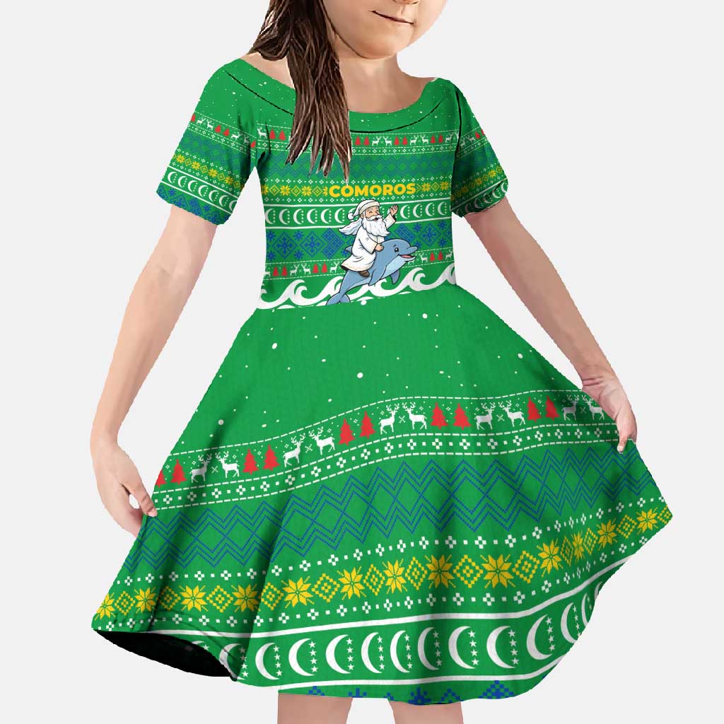 Comoros Christmas Family Matching Off Shoulder Maxi Dress and Hawaiian Shirt with Santa Riding Dolphin Ocean Waves Crescent Moon and Tribal Pattern - Wonder Print Shop