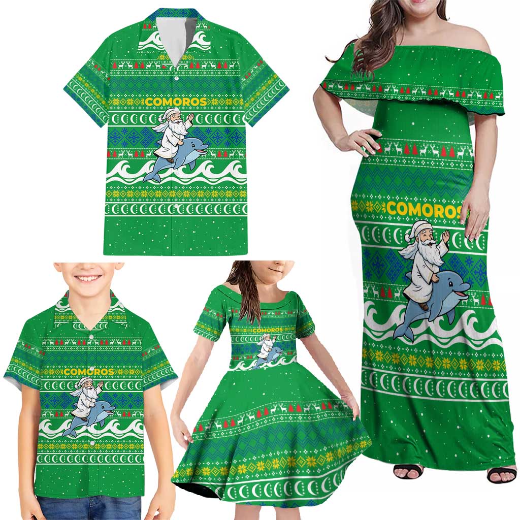 Comoros Christmas Family Matching Off Shoulder Maxi Dress and Hawaiian Shirt with Santa Riding Dolphin Ocean Waves Crescent Moon and Tribal Pattern - Wonder Print Shop