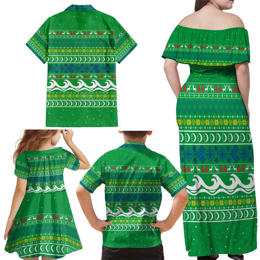 Comoros Christmas Family Matching Off Shoulder Maxi Dress and Hawaiian Shirt with Santa Riding Dolphin Ocean Waves Crescent Moon and Tribal Pattern - Wonder Print Shop