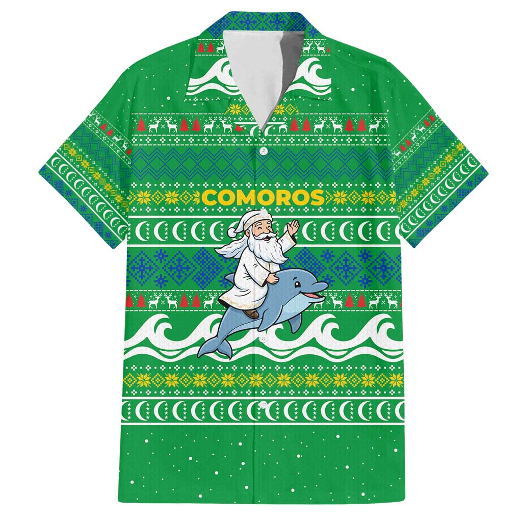 Comoros Christmas Family Matching Off Shoulder Maxi Dress and Hawaiian Shirt with Santa Riding Dolphin Ocean Waves Crescent Moon and Tribal Pattern - Wonder Print Shop