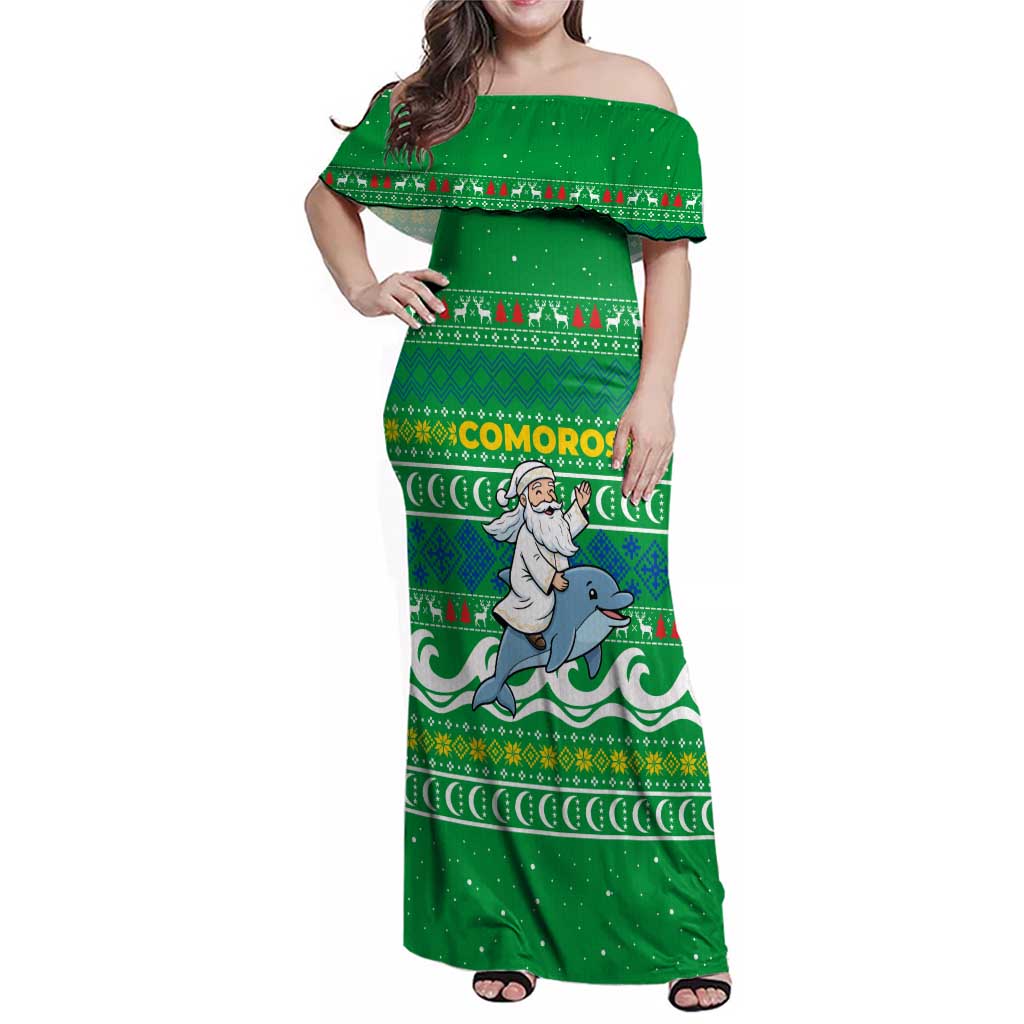 Comoros Christmas Family Matching Off Shoulder Maxi Dress and Hawaiian Shirt with Santa Riding Dolphin Ocean Waves Crescent Moon and Tribal Pattern - Wonder Print Shop
