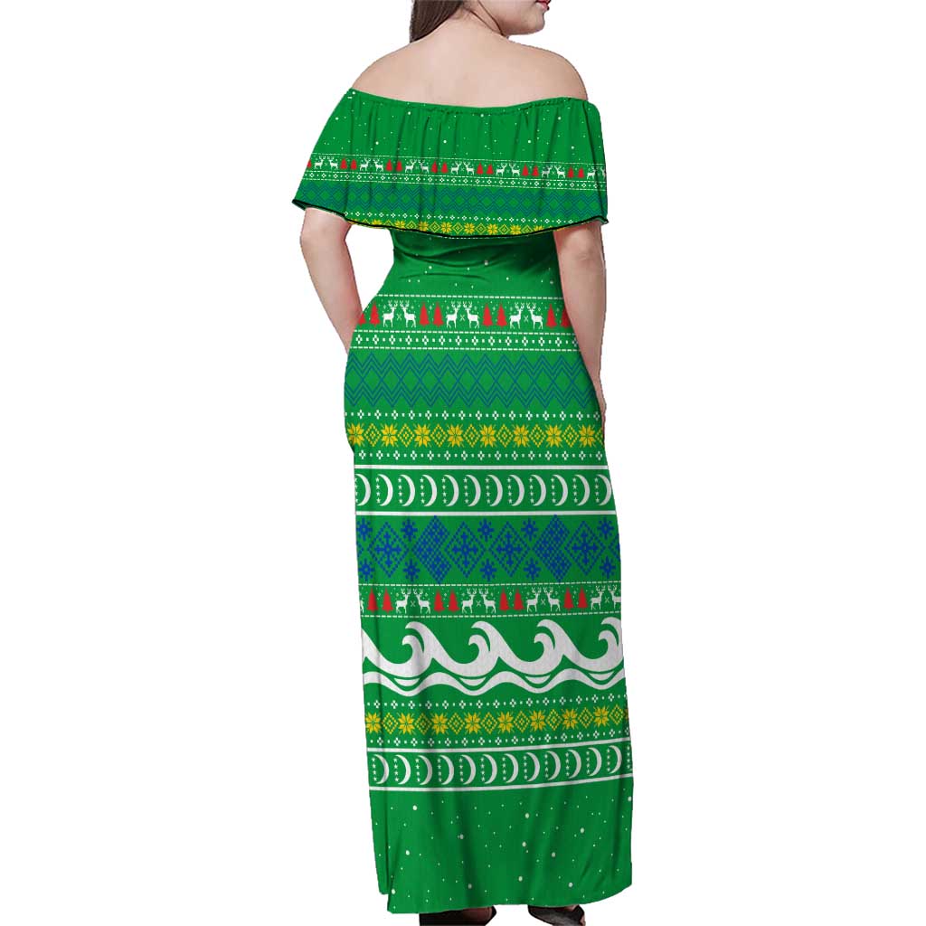 Comoros Christmas Family Matching Off Shoulder Maxi Dress and Hawaiian Shirt with Santa Riding Dolphin Ocean Waves Crescent Moon and Tribal Pattern - Wonder Print Shop