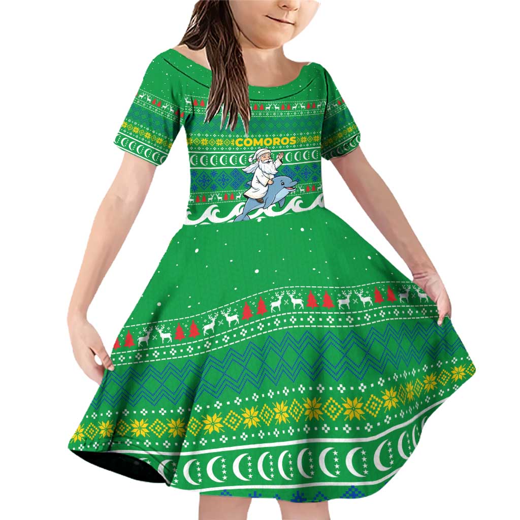 Comoros Christmas Family Matching Off Shoulder Short Dress and Hawaiian Shirt with Santa Riding Dolphin Ocean Waves Crescent Moon and Tribal Pattern - Wonder Print Shop
