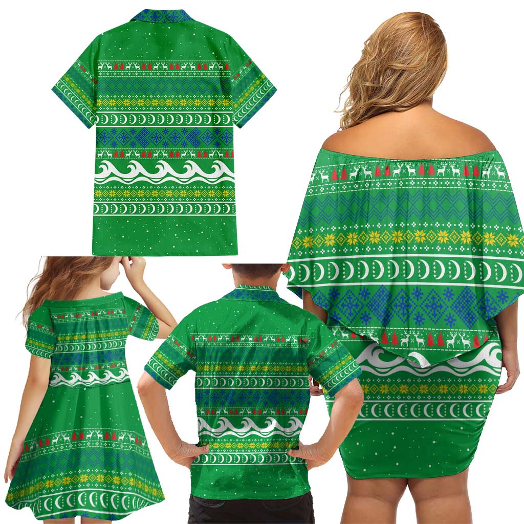 Comoros Christmas Family Matching Off Shoulder Short Dress and Hawaiian Shirt with Santa Riding Dolphin Ocean Waves Crescent Moon and Tribal Pattern - Wonder Print Shop