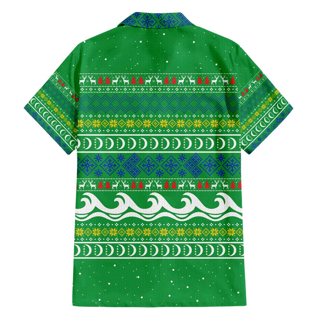 Comoros Christmas Family Matching Off Shoulder Short Dress and Hawaiian Shirt with Santa Riding Dolphin Ocean Waves Crescent Moon and Tribal Pattern - Wonder Print Shop
