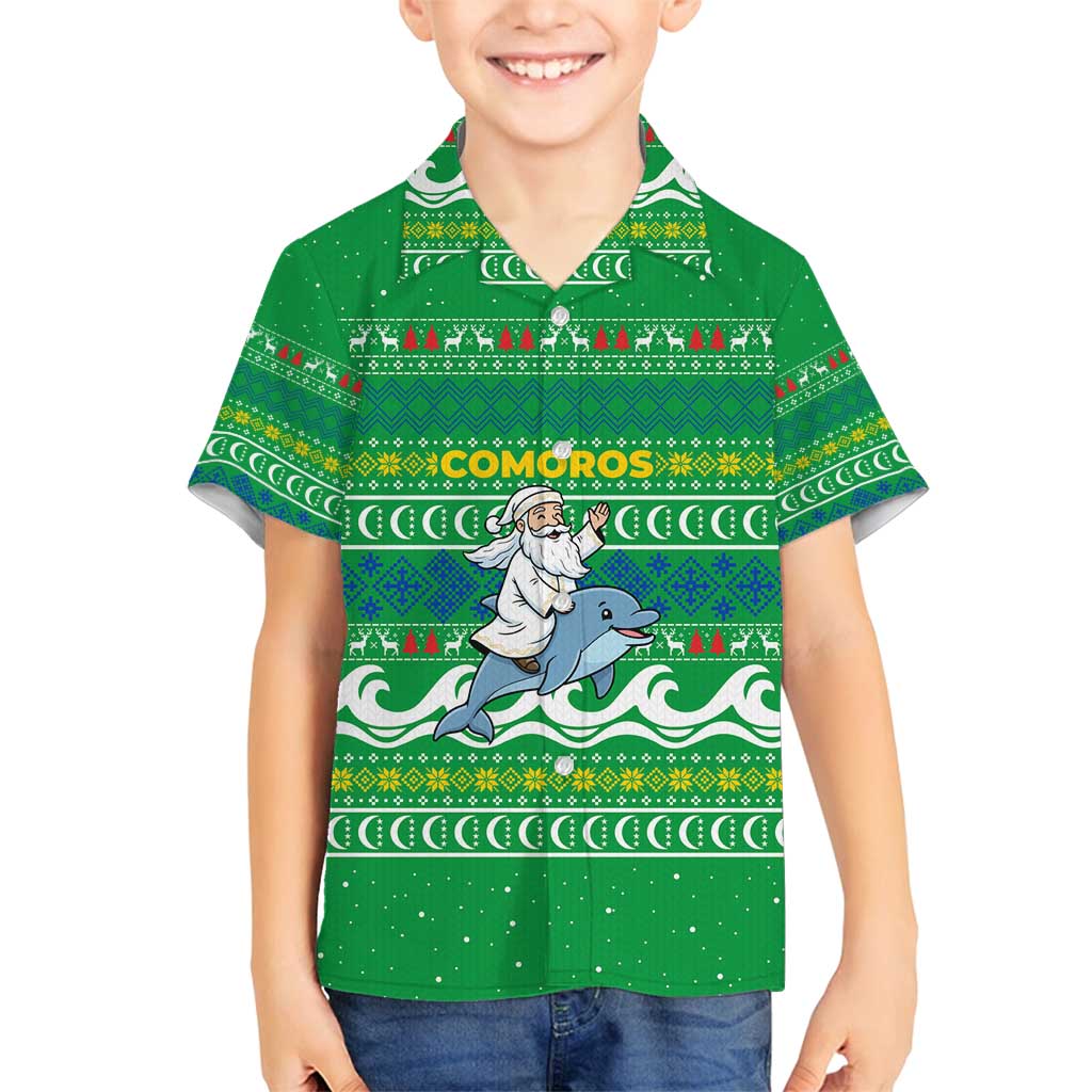 Comoros Christmas Family Matching Off Shoulder Short Dress and Hawaiian Shirt with Santa Riding Dolphin Ocean Waves Crescent Moon and Tribal Pattern - Wonder Print Shop