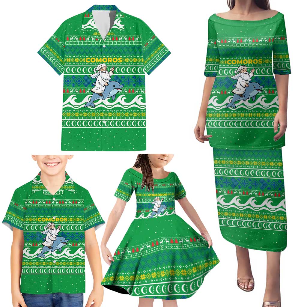 Comoros Christmas Family Matching Puletasi and Hawaiian Shirt with Santa Riding Dolphin Ocean Waves Crescent Moon and Tribal Pattern - Wonder Print Shop