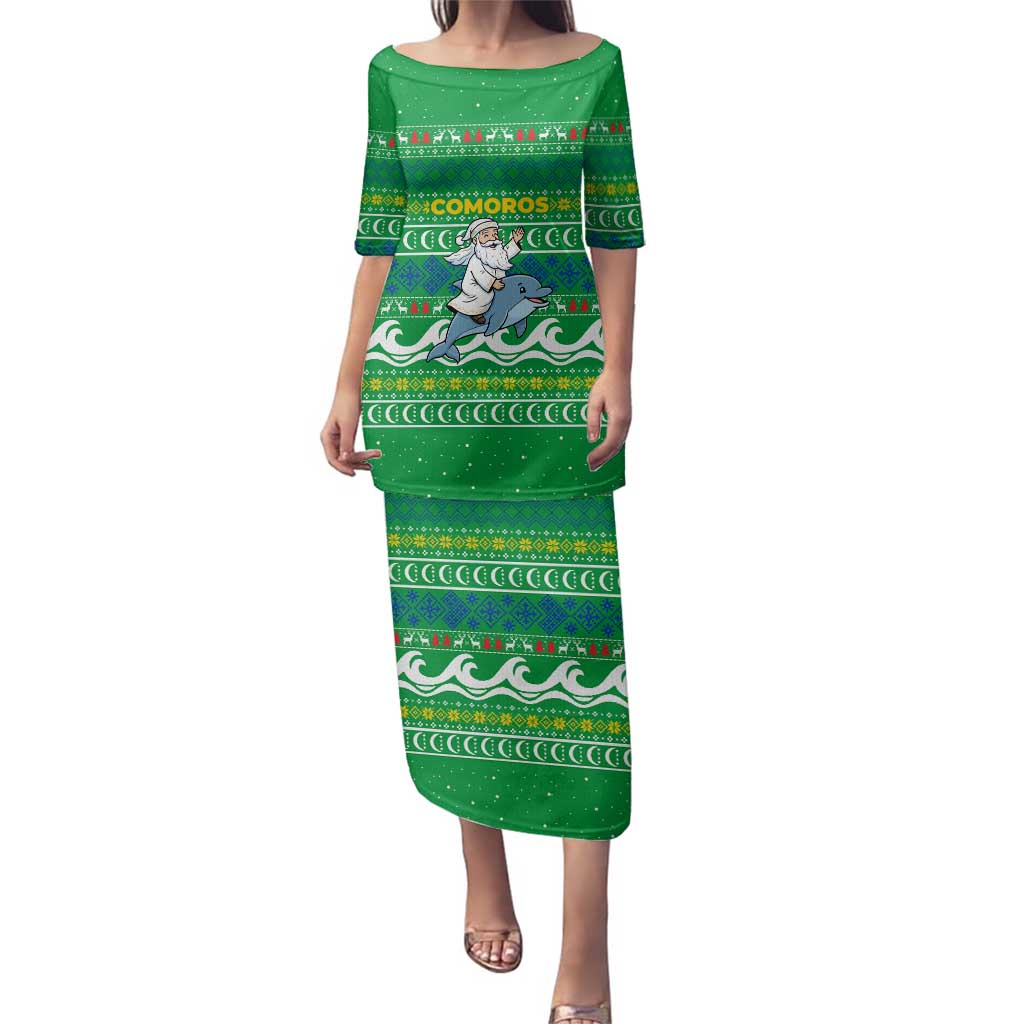 Comoros Christmas Family Matching Puletasi and Hawaiian Shirt with Santa Riding Dolphin Ocean Waves Crescent Moon and Tribal Pattern - Wonder Print Shop