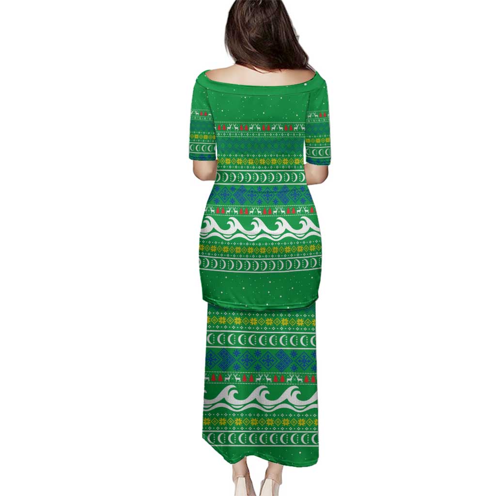 Comoros Christmas Family Matching Puletasi and Hawaiian Shirt with Santa Riding Dolphin Ocean Waves Crescent Moon and Tribal Pattern - Wonder Print Shop