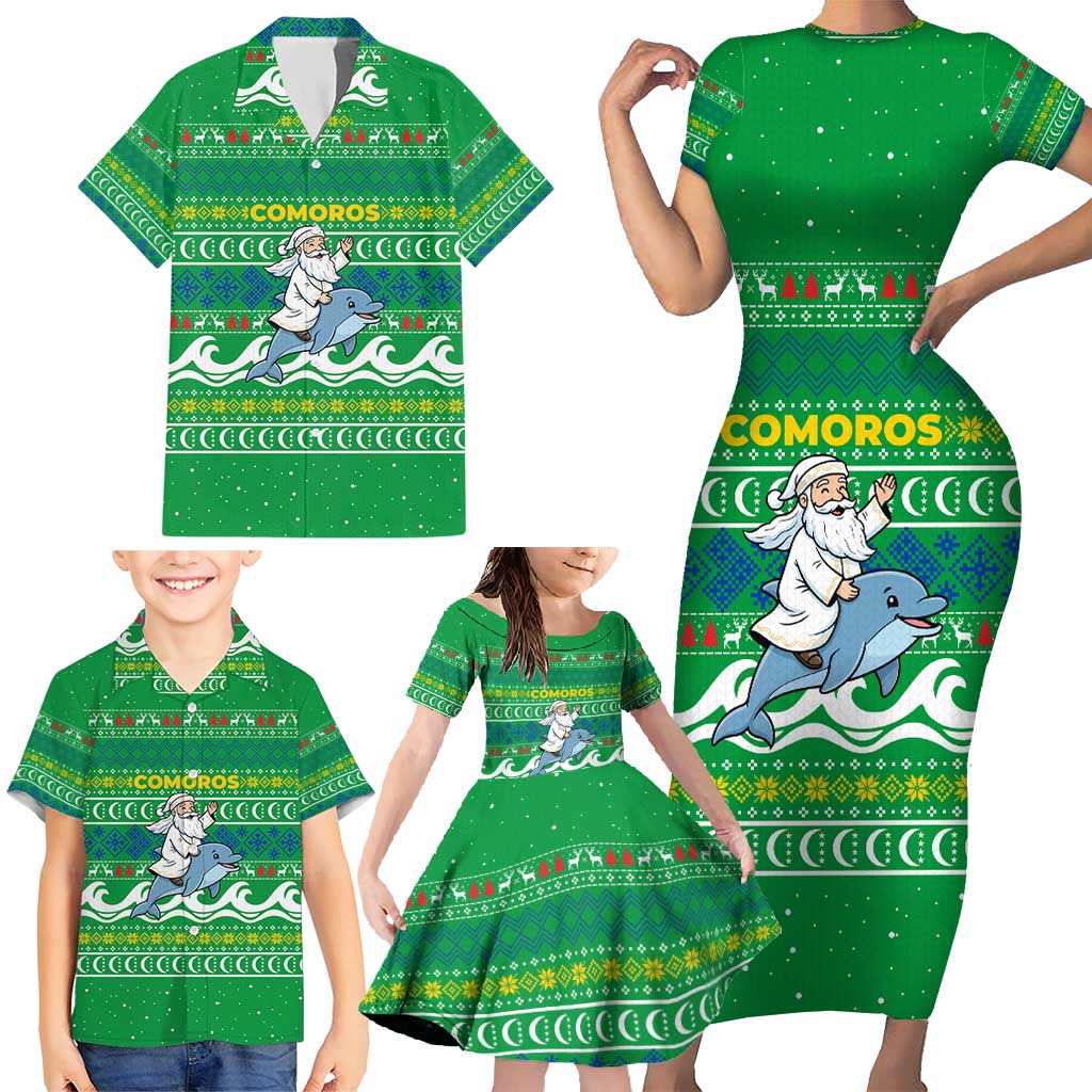 Comoros Christmas Family Matching Short Sleeve Bodycon Dress and Hawaiian Shirt with Santa Riding Dolphin Ocean Waves Crescent Moon and Tribal Pattern - Wonder Print Shop