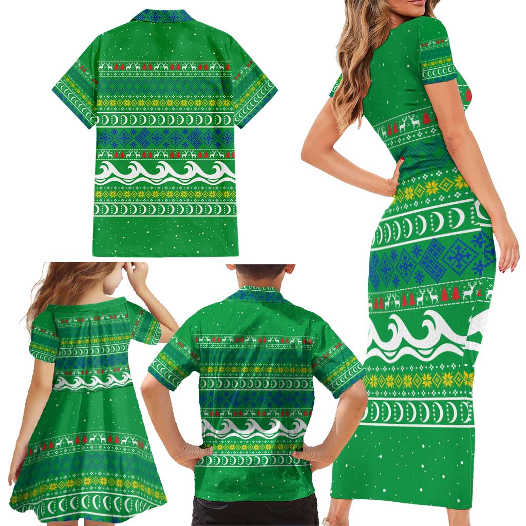 Comoros Christmas Family Matching Short Sleeve Bodycon Dress and Hawaiian Shirt with Santa Riding Dolphin Ocean Waves Crescent Moon and Tribal Pattern - Wonder Print Shop