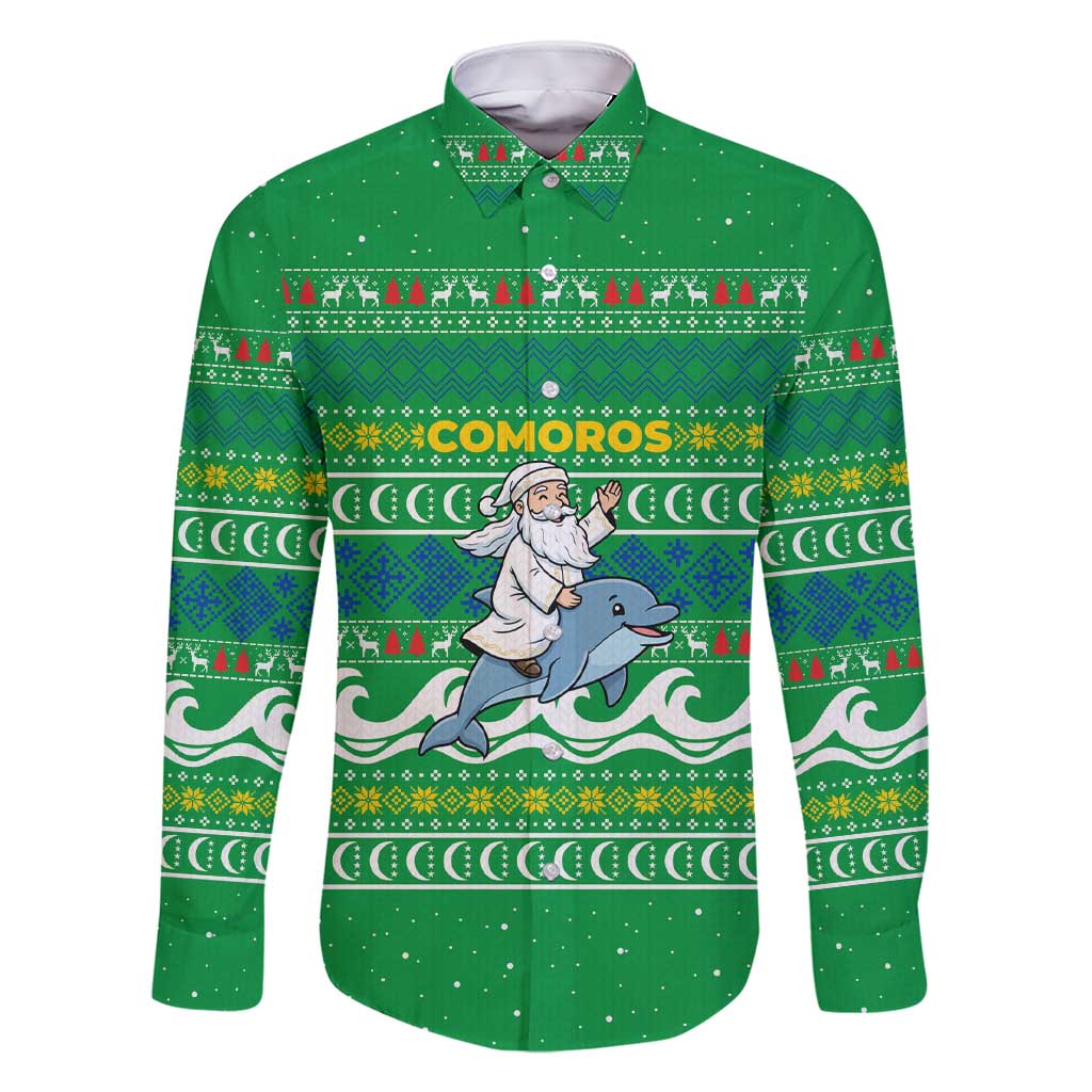Comoros Christmas Family Matching Short Sleeve Bodycon Dress and Hawaiian Shirt with Santa Riding Dolphin Ocean Waves Crescent Moon and Tribal Pattern - Wonder Print Shop