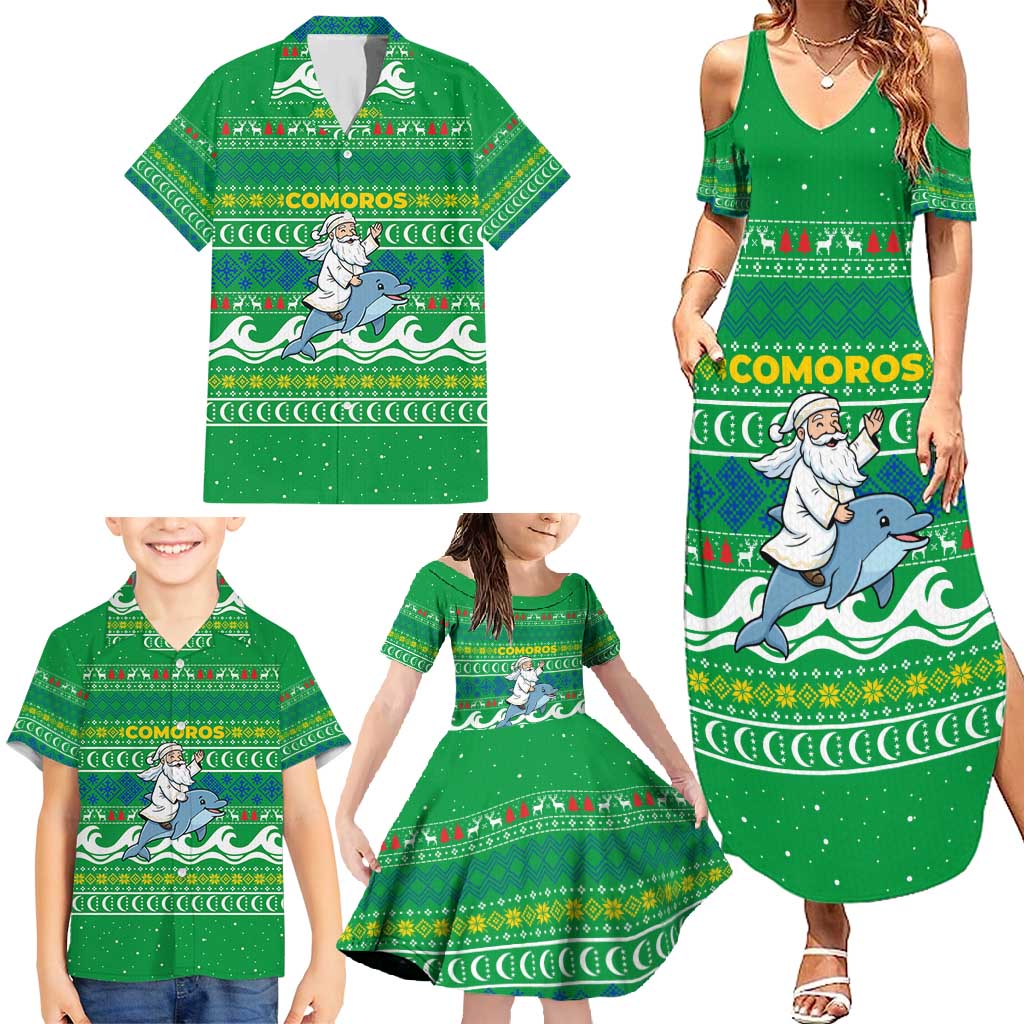 Comoros Christmas Family Matching Summer Maxi Dress and Hawaiian Shirt with Santa Riding Dolphin Ocean Waves Crescent Moon and Tribal Pattern - Wonder Print Shop