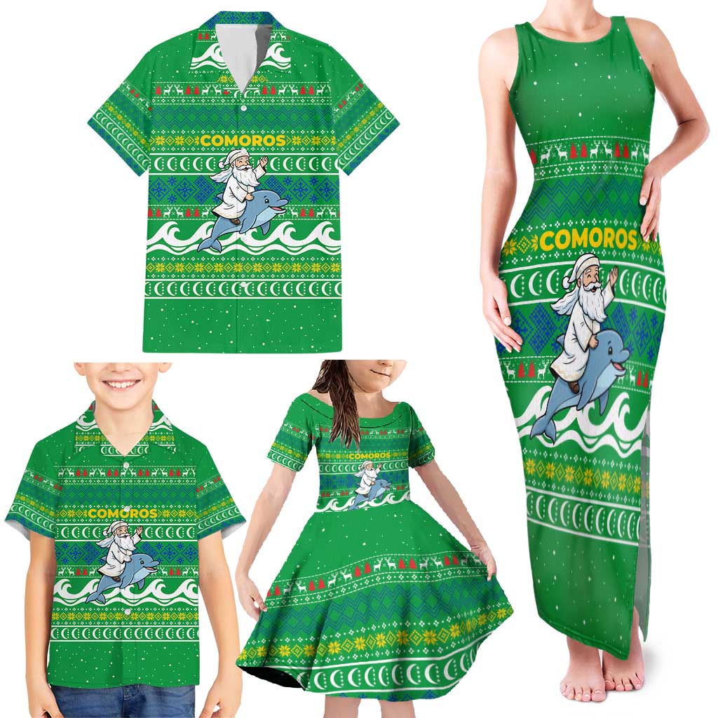 Comoros Christmas Family Matching Tank Maxi Dress and Hawaiian Shirt with Santa Riding Dolphin Ocean Waves Crescent Moon and Tribal Pattern - Wonder Print Shop