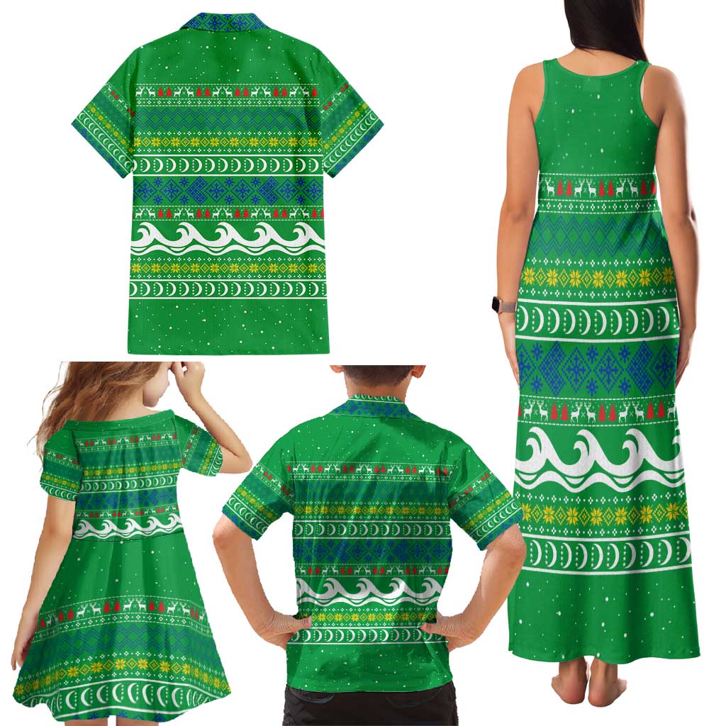 Comoros Christmas Family Matching Tank Maxi Dress and Hawaiian Shirt with Santa Riding Dolphin Ocean Waves Crescent Moon and Tribal Pattern - Wonder Print Shop