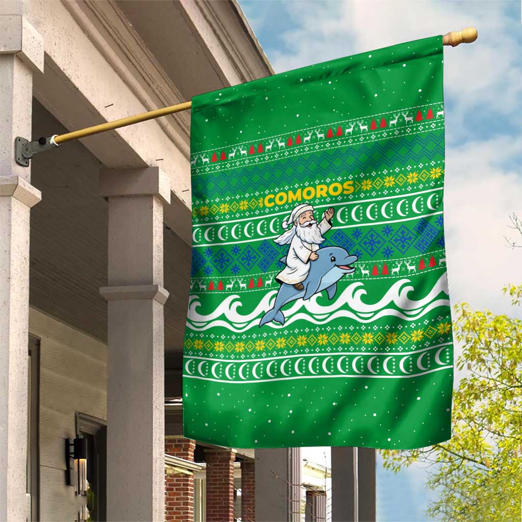 Comoros Christmas Garden Flag with Santa Riding Dolphin Ocean Waves Crescent Moon and Tribal Pattern - Wonder Print Shop