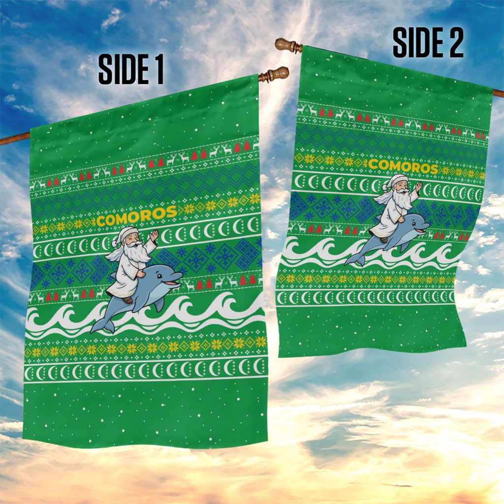 Comoros Christmas Garden Flag with Santa Riding Dolphin Ocean Waves Crescent Moon and Tribal Pattern - Wonder Print Shop