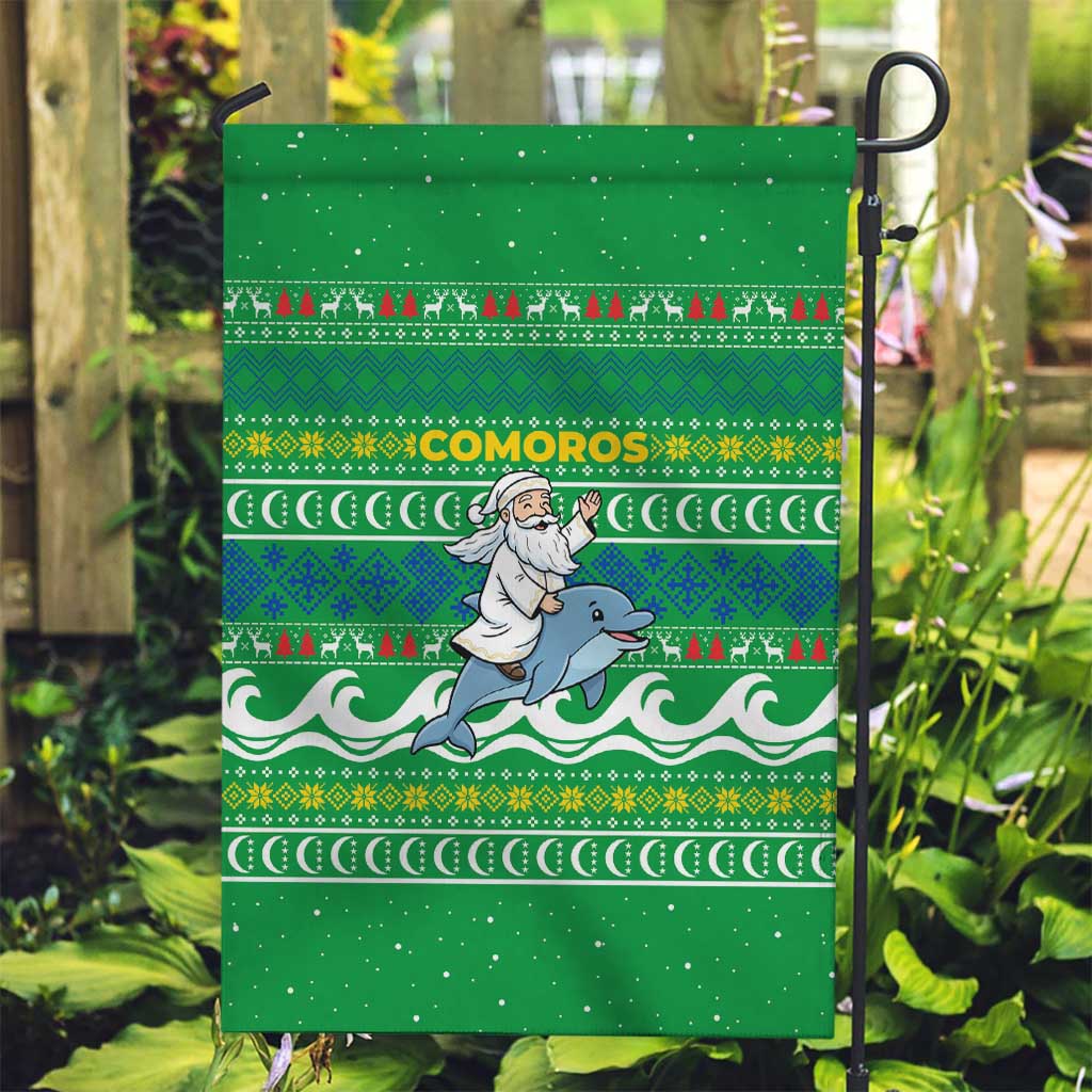 Comoros Christmas Garden Flag with Santa Riding Dolphin Ocean Waves Crescent Moon and Tribal Pattern - Wonder Print Shop
