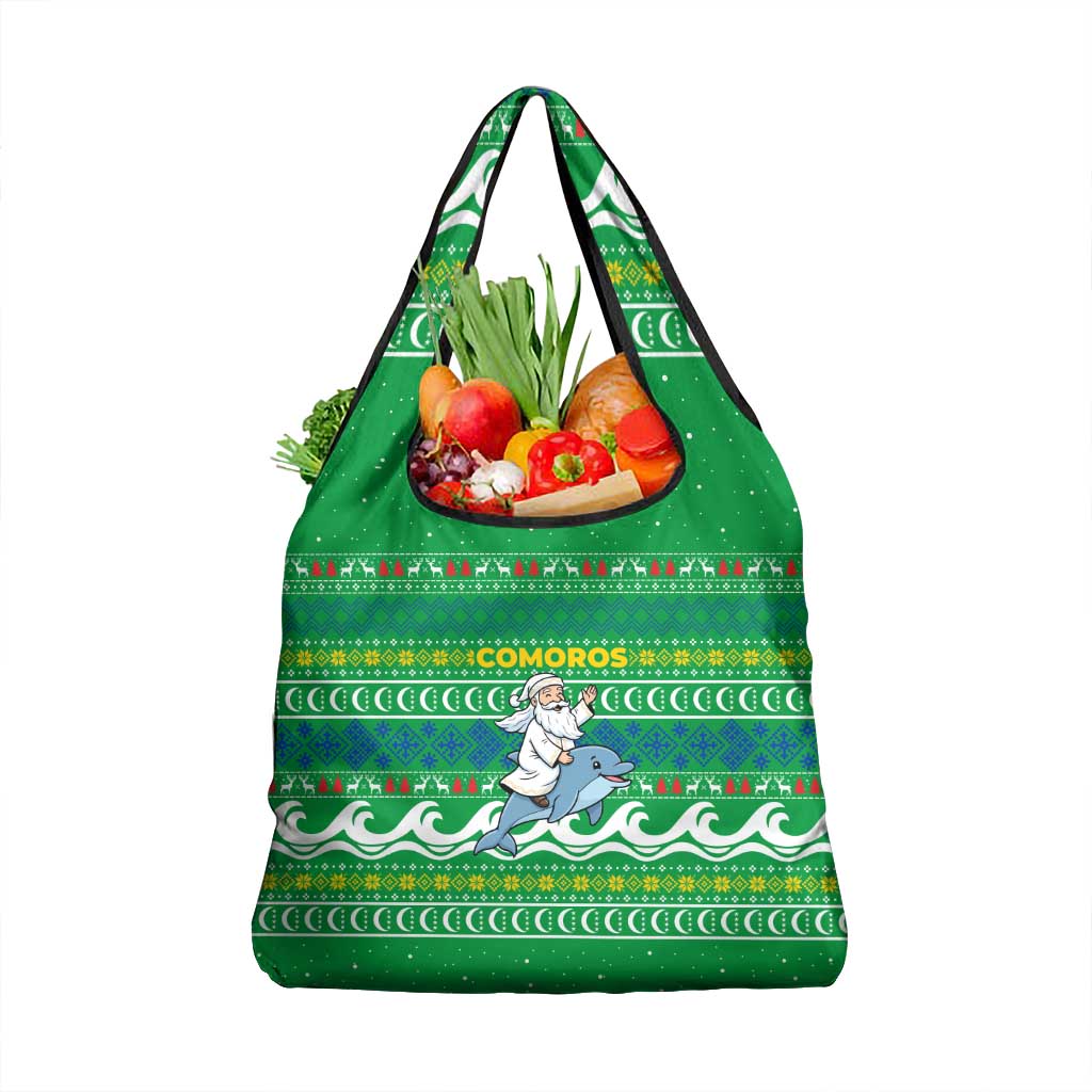 Comoros Christmas Grocery Bag with Santa Riding Dolphin Ocean Waves Crescent Moon and Tribal Pattern - Wonder Print Shop