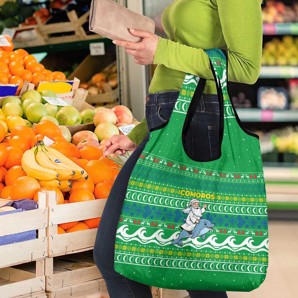 Comoros Christmas Grocery Bag with Santa Riding Dolphin Ocean Waves Crescent Moon and Tribal Pattern - Wonder Print Shop