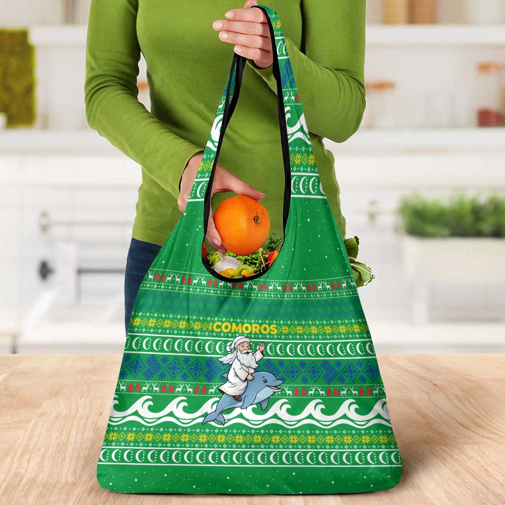 Comoros Christmas Grocery Bag with Santa Riding Dolphin Ocean Waves Crescent Moon and Tribal Pattern - Wonder Print Shop