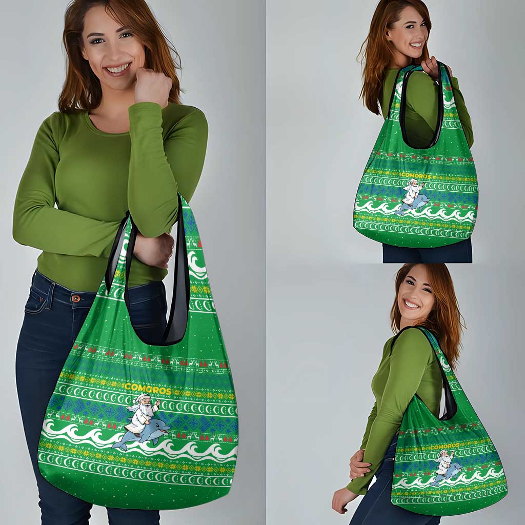 Comoros Christmas Grocery Bag with Santa Riding Dolphin Ocean Waves Crescent Moon and Tribal Pattern - Wonder Print Shop