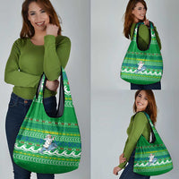 Comoros Christmas Grocery Bag with Santa Riding Dolphin Ocean Waves Crescent Moon and Tribal Pattern - Wonder Print Shop
