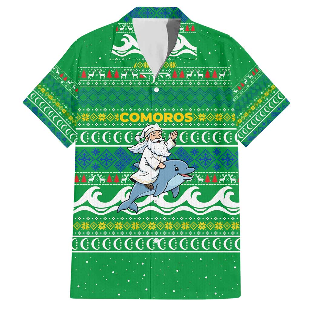 Comoros Christmas Hawaiian Shirt with Santa Riding Dolphin Ocean Waves Crescent Moon and Tribal Pattern - Wonder Print Shop