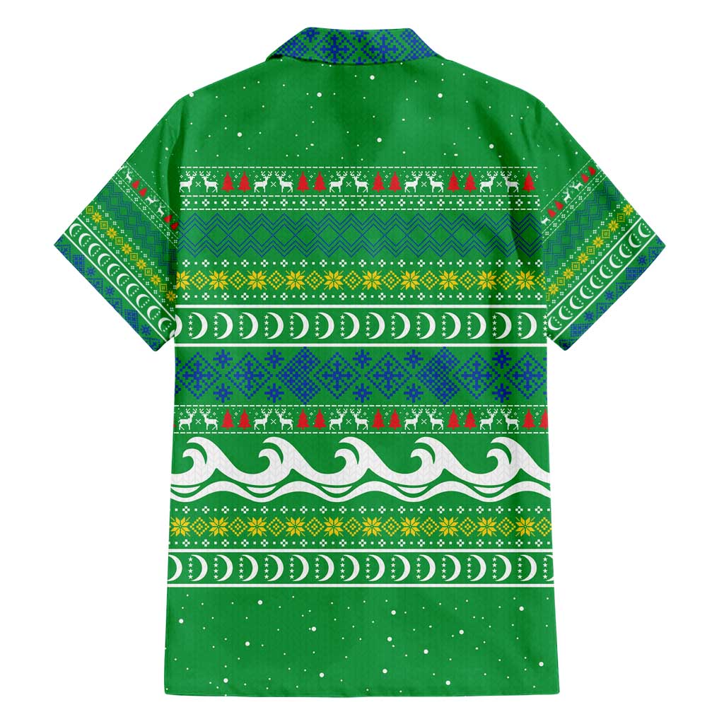 Comoros Christmas Hawaiian Shirt with Santa Riding Dolphin Ocean Waves Crescent Moon and Tribal Pattern - Wonder Print Shop