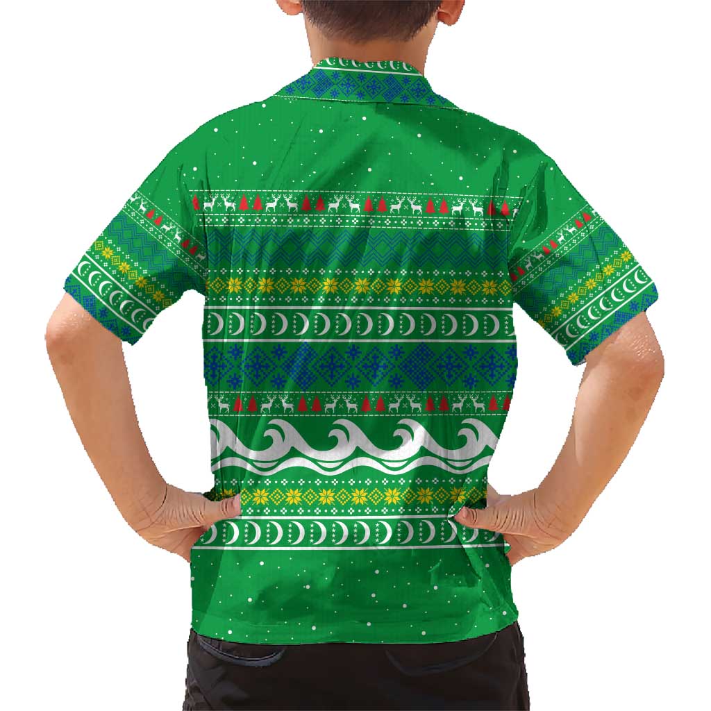 Comoros Christmas Hawaiian Shirt with Santa Riding Dolphin Ocean Waves Crescent Moon and Tribal Pattern - Wonder Print Shop