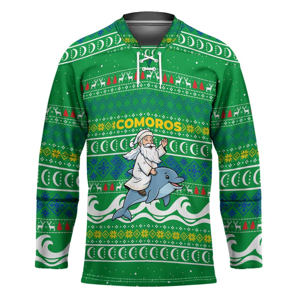 Comoros Christmas Hockey Jersey with Santa Riding Dolphin Ocean Waves Crescent Moon and Tribal Pattern - Wonder Print Shop