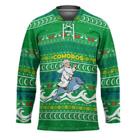 Comoros Christmas Hockey Jersey with Santa Riding Dolphin Ocean Waves Crescent Moon and Tribal Pattern - Wonder Print Shop