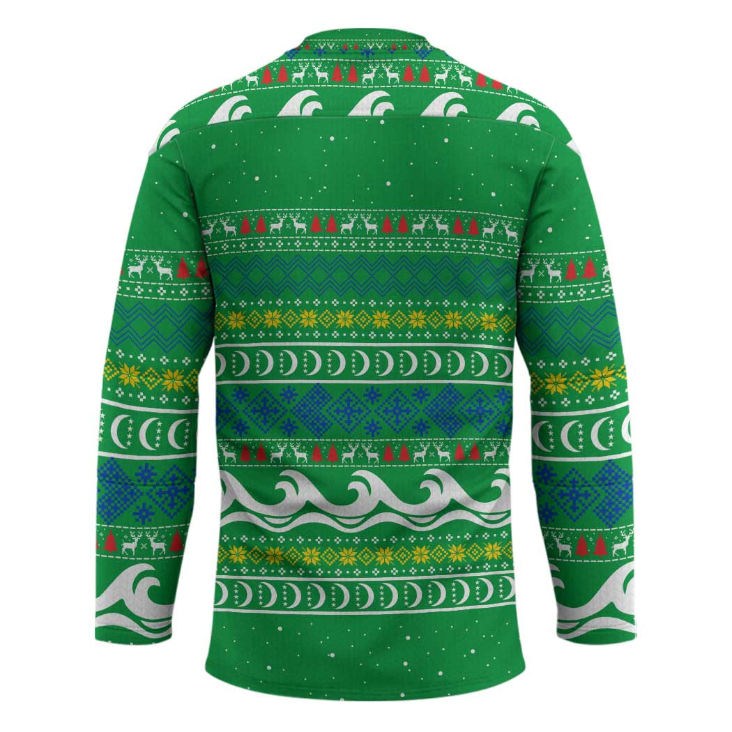 Comoros Christmas Hockey Jersey with Santa Riding Dolphin Ocean Waves Crescent Moon and Tribal Pattern - Wonder Print Shop
