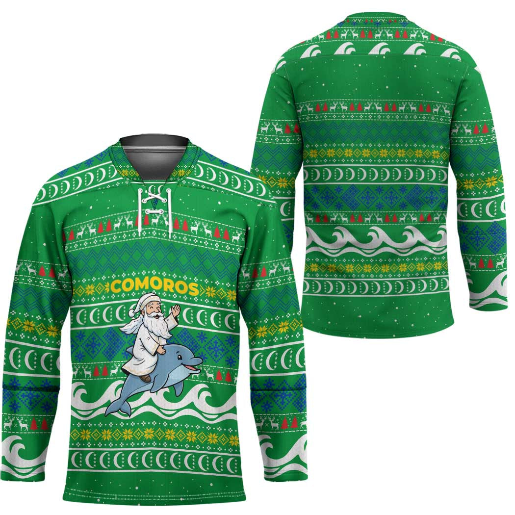 Comoros Christmas Hockey Jersey with Santa Riding Dolphin Ocean Waves Crescent Moon and Tribal Pattern - Wonder Print Shop
