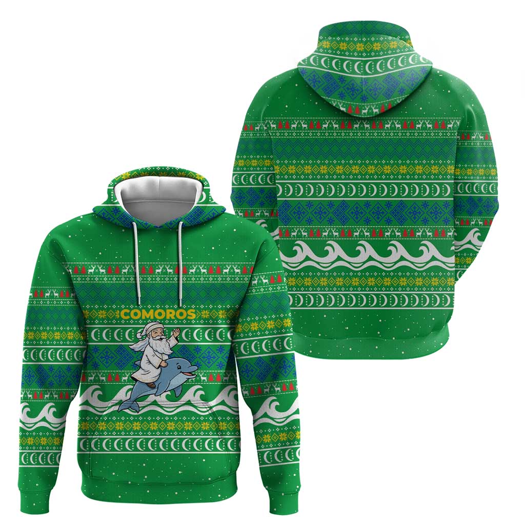 Comoros Christmas Hoodie with Santa Riding Dolphin Ocean Waves Crescent Moon and Tribal Pattern - Wonder Print Shop