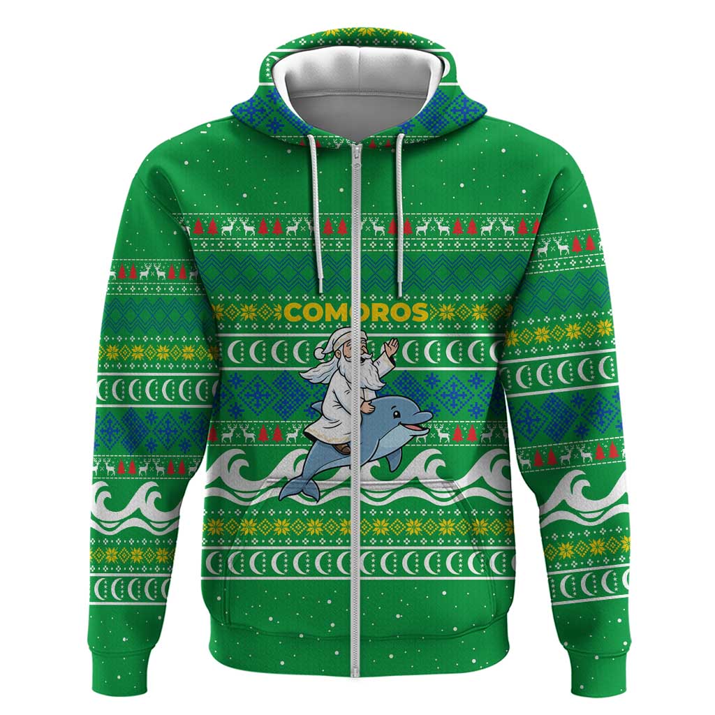 Comoros Christmas Hoodie with Santa Riding Dolphin Ocean Waves Crescent Moon and Tribal Pattern - Wonder Print Shop