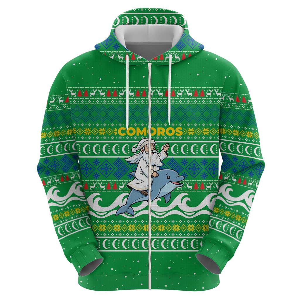 Comoros Christmas Hoodie with Santa Riding Dolphin Ocean Waves Crescent Moon and Tribal Pattern - Wonder Print Shop