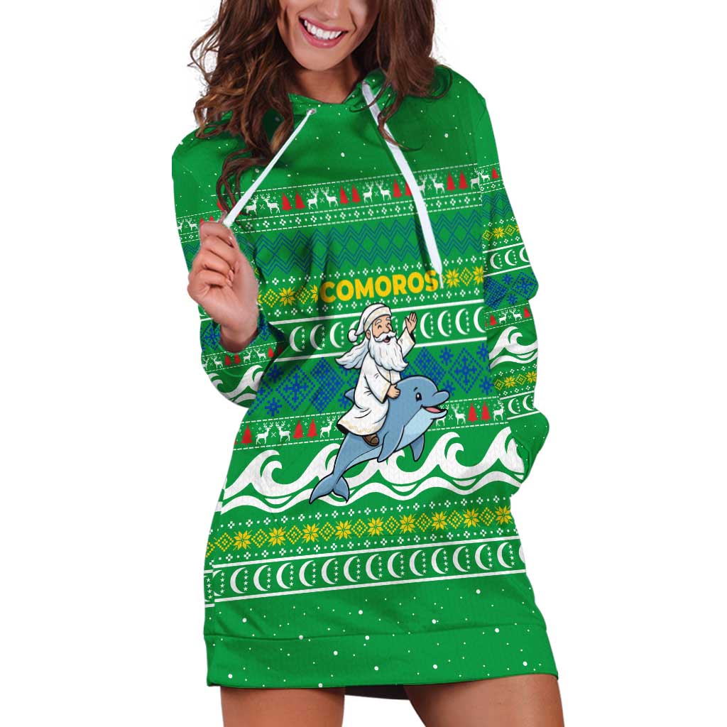 Comoros Christmas Hoodie Dress with Santa Riding Dolphin Ocean Waves Crescent Moon and Tribal Pattern - Wonder Print Shop