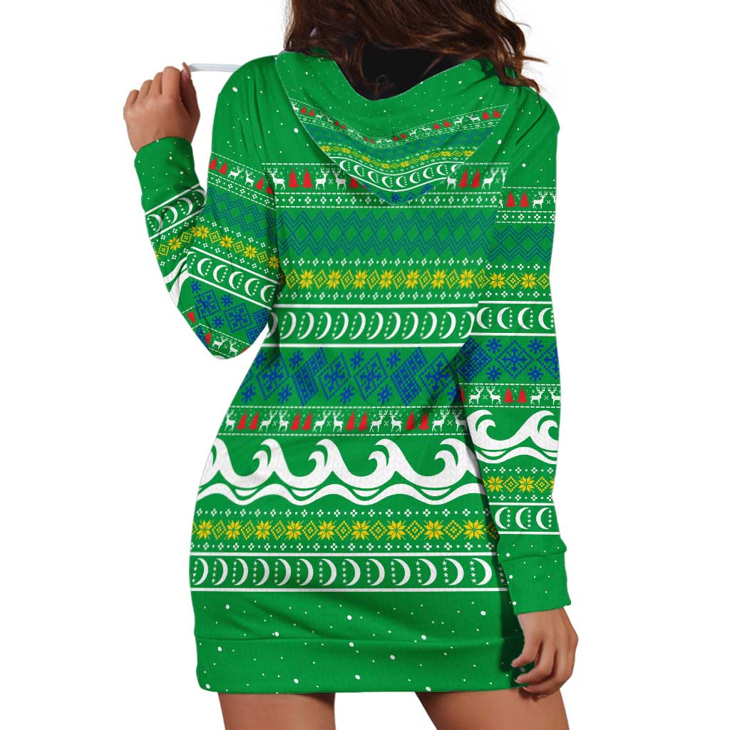 Comoros Christmas Hoodie Dress with Santa Riding Dolphin Ocean Waves Crescent Moon and Tribal Pattern - Wonder Print Shop