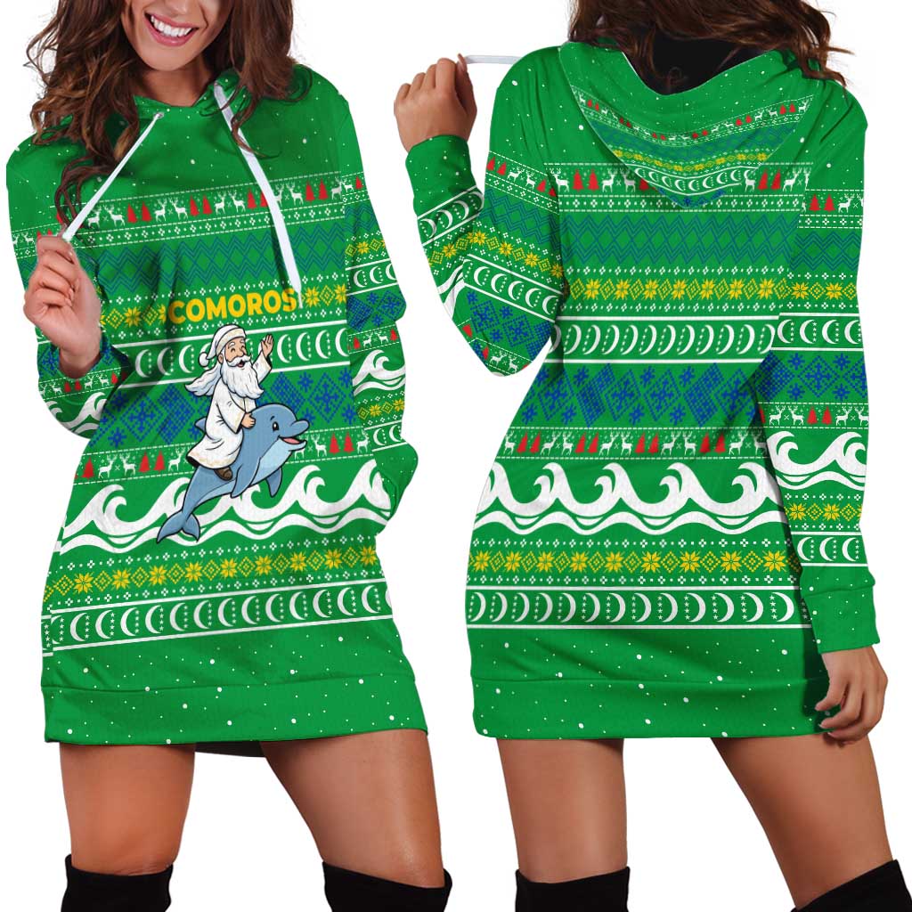 Comoros Christmas Hoodie Dress with Santa Riding Dolphin Ocean Waves Crescent Moon and Tribal Pattern - Wonder Print Shop