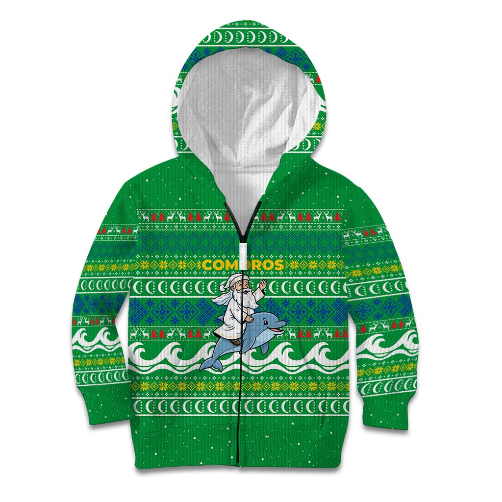 Comoros Christmas Kid Hoodie with Santa Riding Dolphin Ocean Waves Crescent Moon and Tribal Pattern - Wonder Print Shop