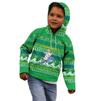 Comoros Christmas Kid Hoodie with Santa Riding Dolphin Ocean Waves Crescent Moon and Tribal Pattern - Wonder Print Shop