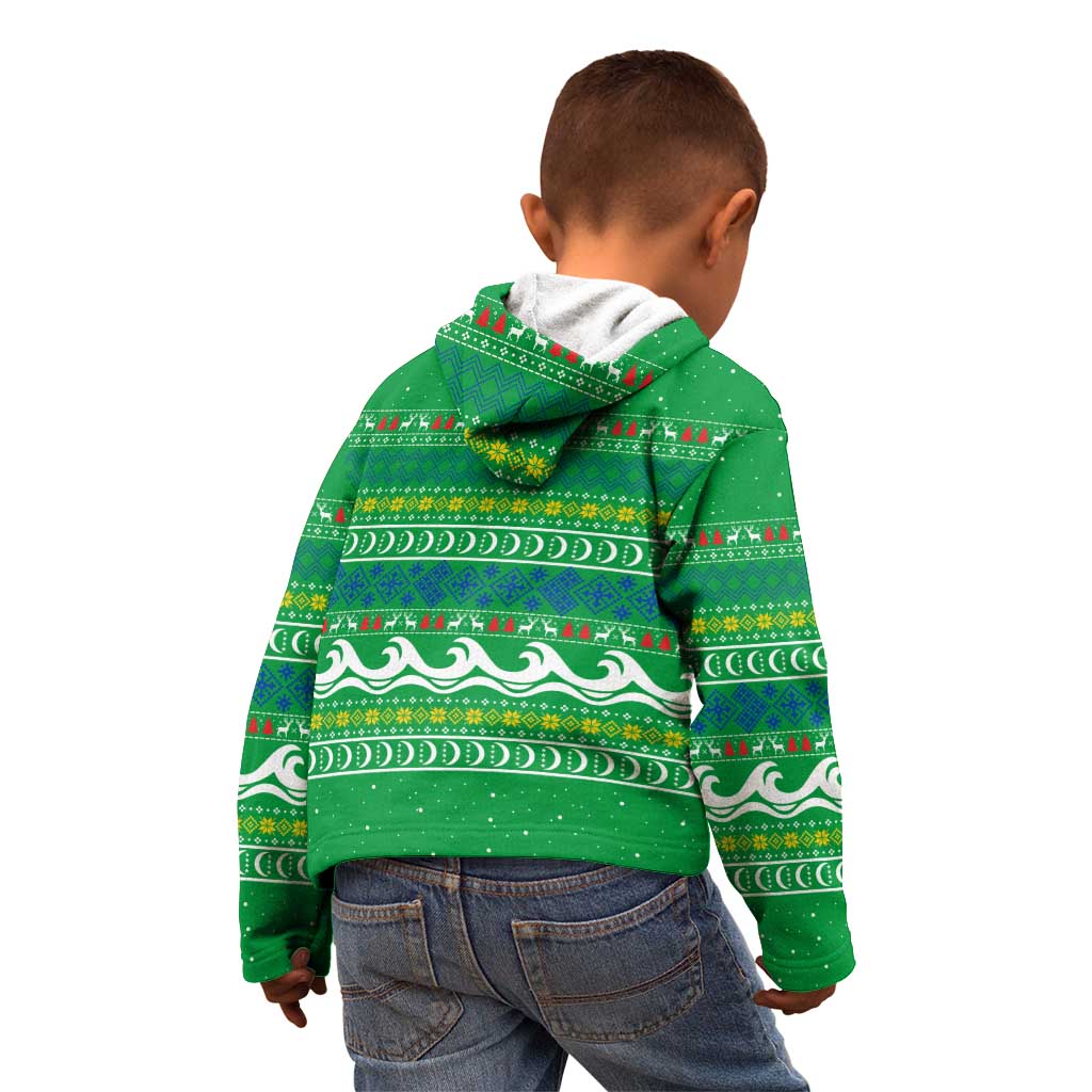 Comoros Christmas Kid Hoodie with Santa Riding Dolphin Ocean Waves Crescent Moon and Tribal Pattern - Wonder Print Shop